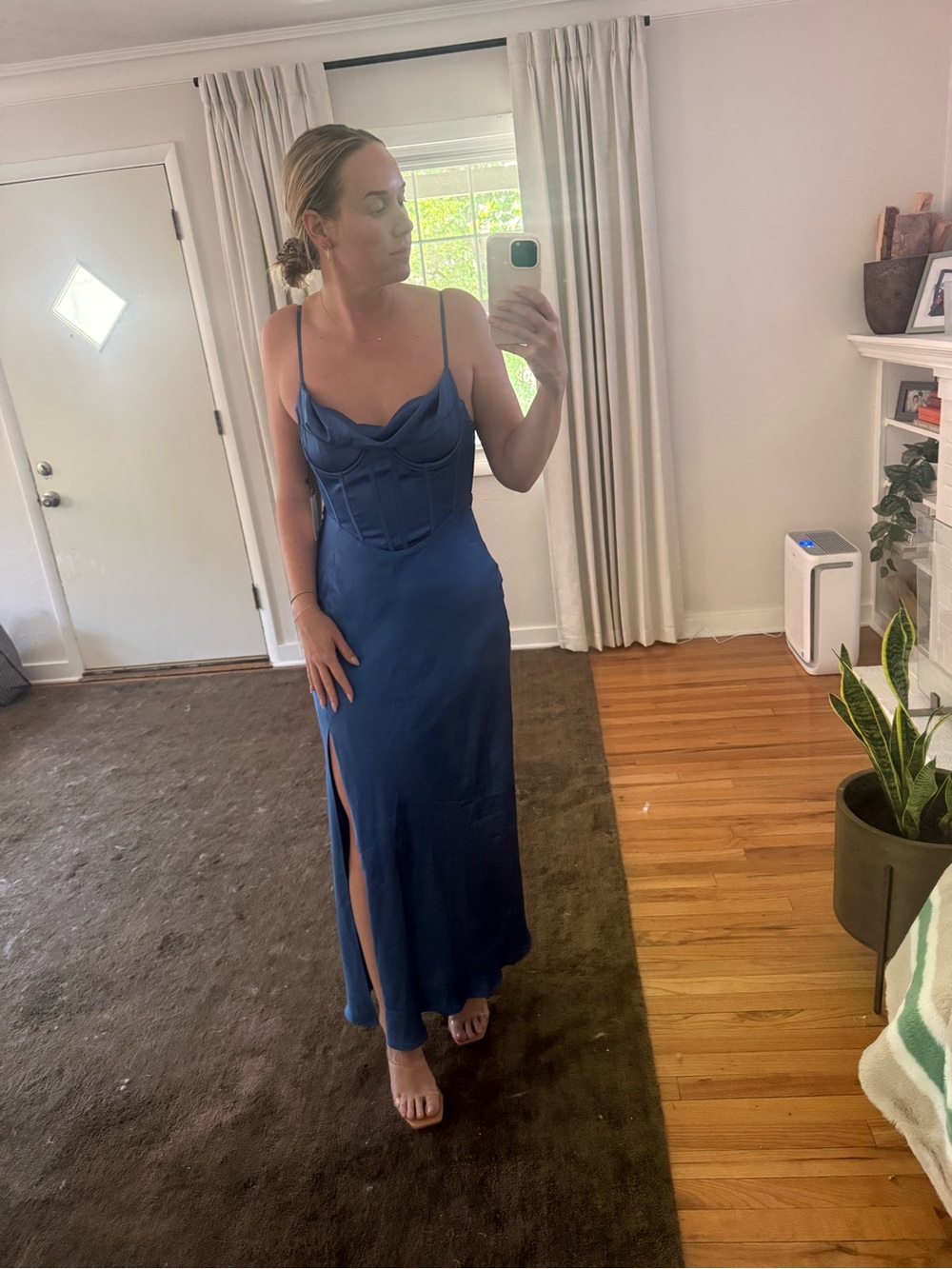 Astr Navy Satin Slip Dress with Corset Bodice